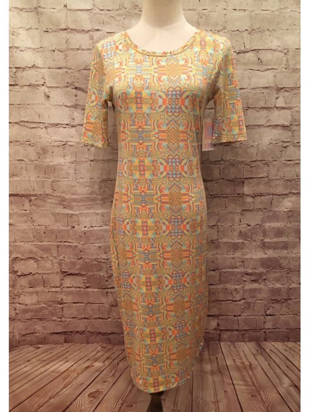 LuLaRoe Julia Dress Size XS Pastel Yellow Pink Multicolor Geometric Print NEW